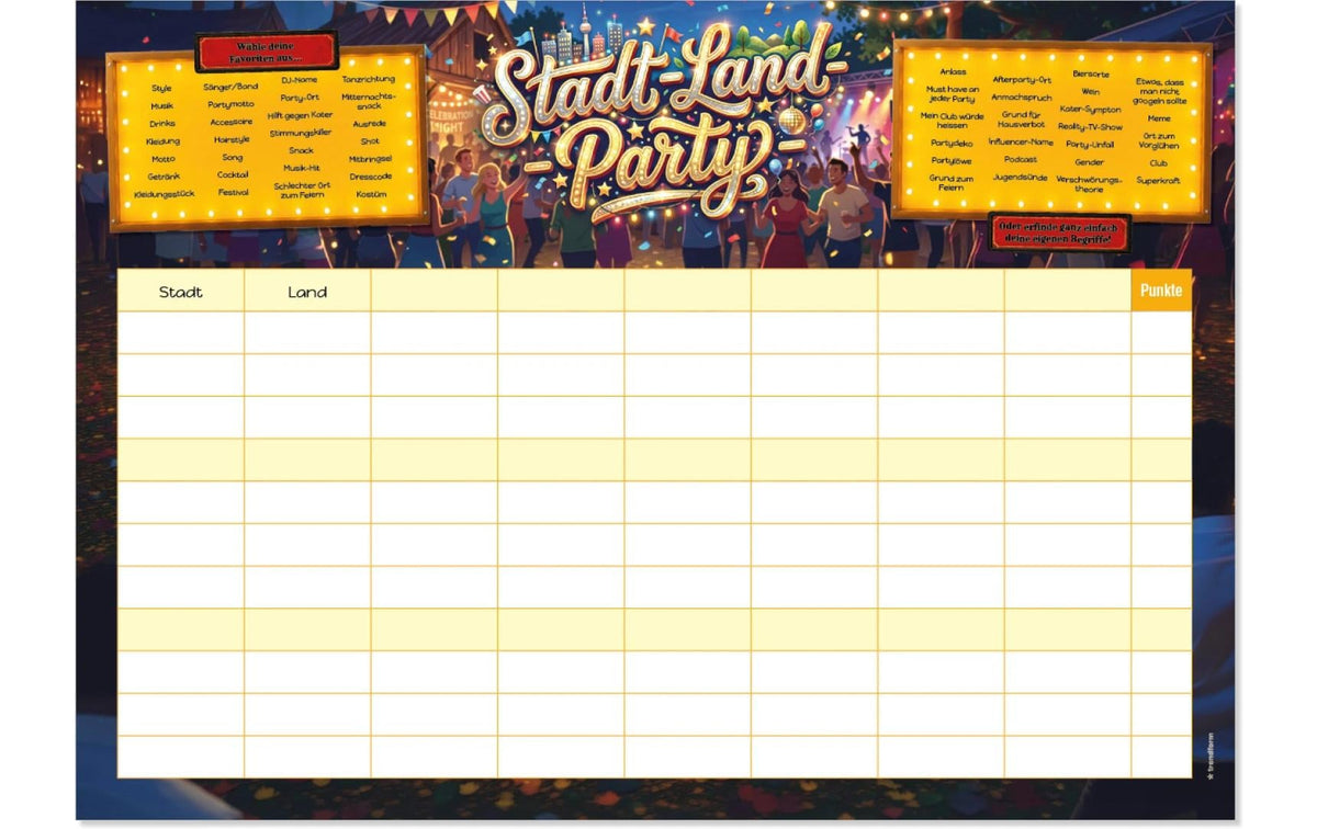 Trendform Tischsets Stadt-Land-Party – mehrfarbig – 29,7 × 42 cm – Papier – 1 Stk