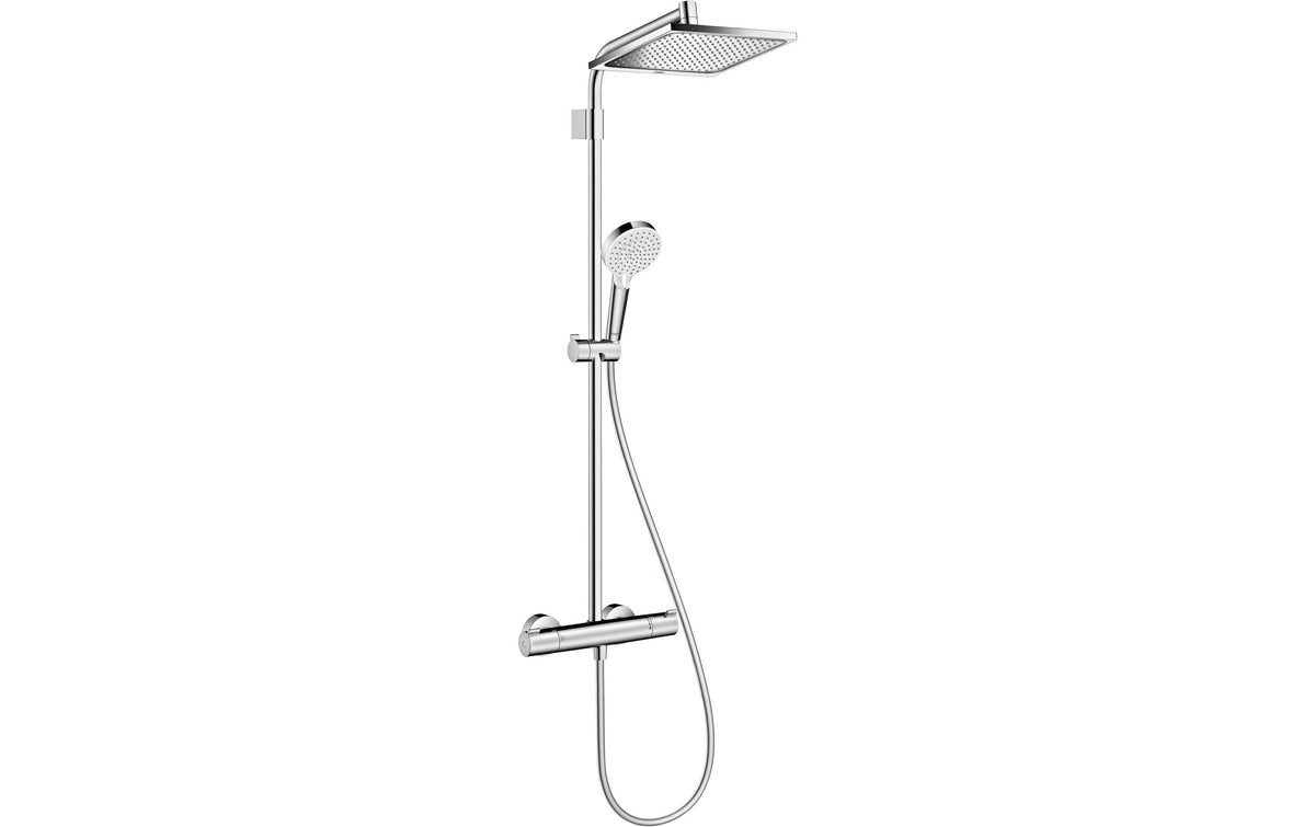 Hansgrohe Duschsystem Crometta E 240 – 29,6×47×109,3 cm, Kunststoff/Messing, Aufputz-Thermostat, Chrom/Weiss