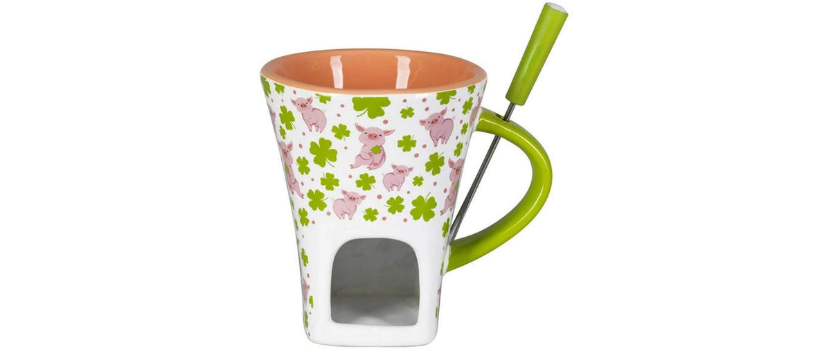 Nouvel Fondue-Set – Steingut, für Schokoladenfondue, Teelichter, Pink/Weiss, 1 Person, 3 Teile