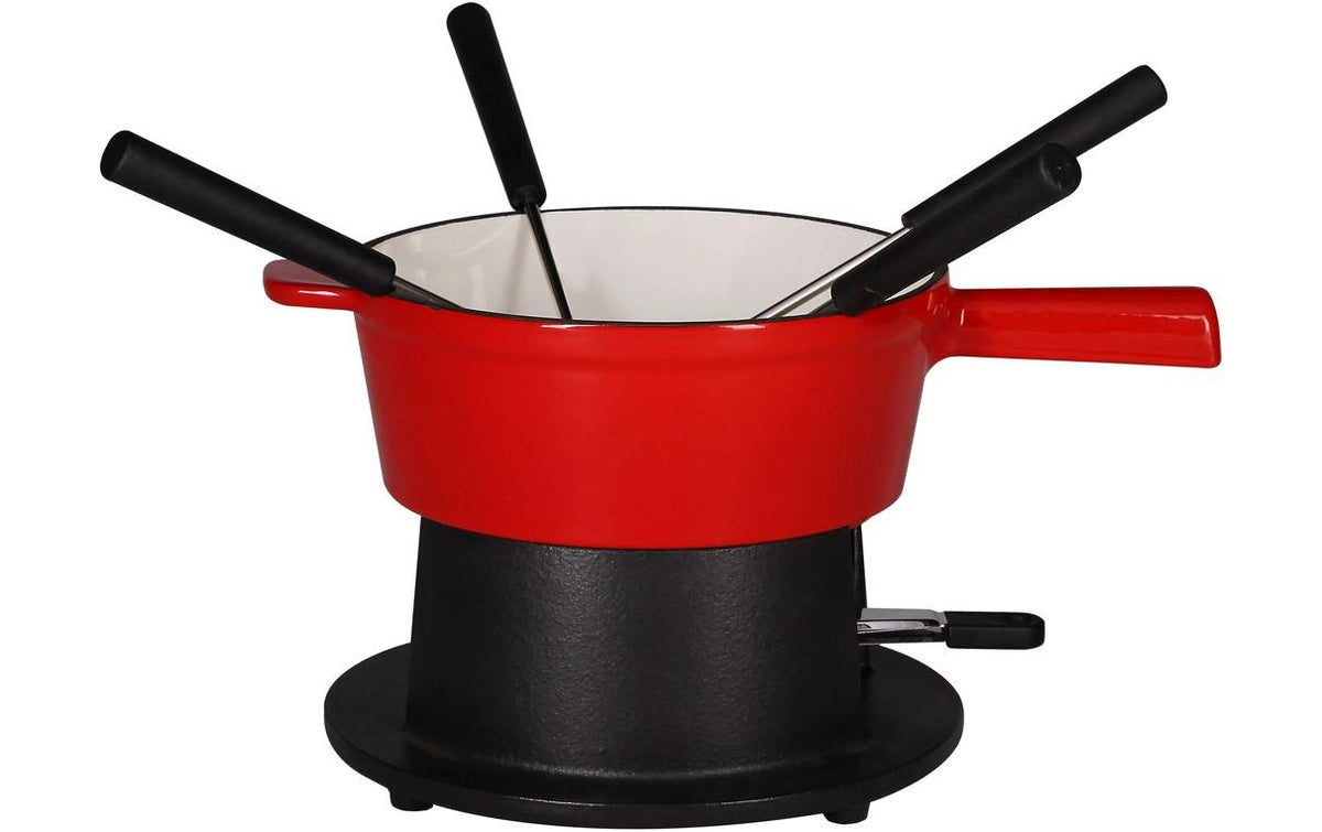 Nouvel Fondue-Set – Ø 19 cm, Edelstahl/Gusseisen/Kunststoff, für Käsefondue, Rot, 4 Personen, 7 Teile