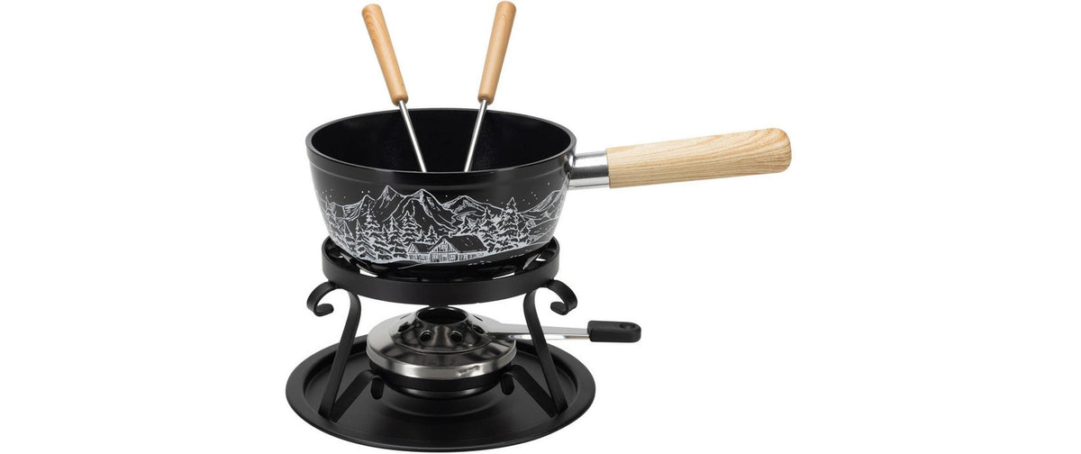 Nouvel Fondue-Set Winterdorf – Aluminiumguss, Ø 16 cm, 2 Personen, Pastenbrenner – Schwarz/Silber/Weiss