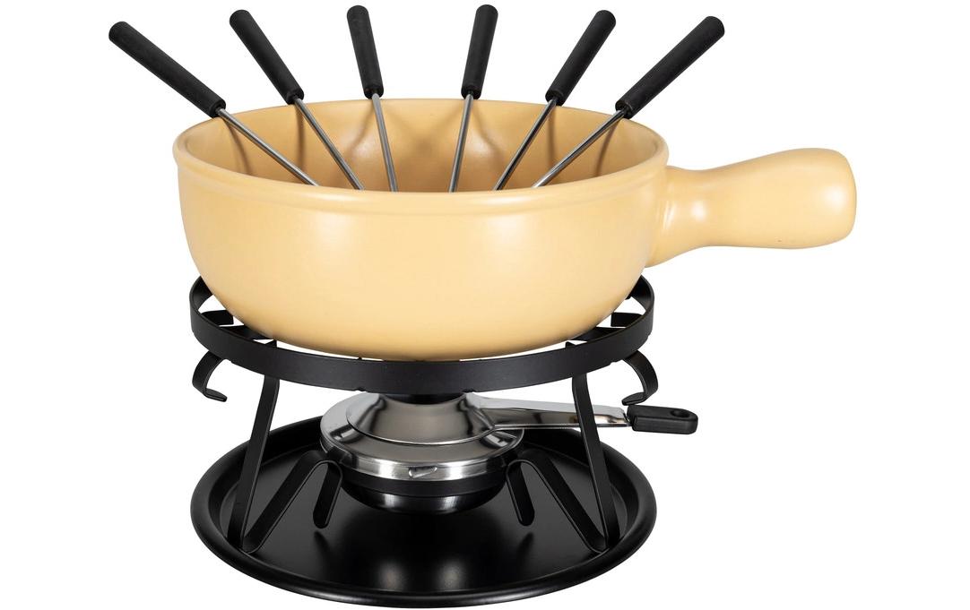 Nouvel Fondue-Set Uni – Ø 22 cm, Steingut/Kunststoff, für Käsefondue, Beige, 6 Personen, 9 Teile