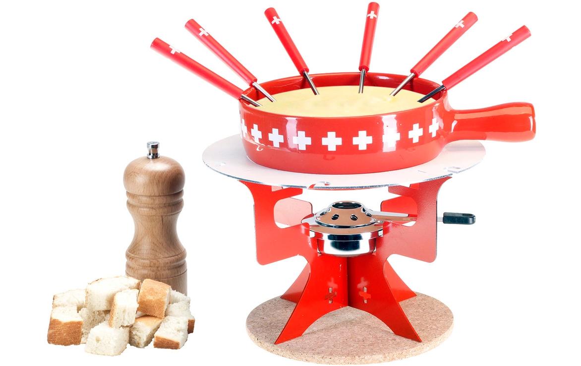 Nouvel Fondue-Set Mini Fondue Bar – Terracotta/Kork – für Käsefondue – Rot, 6 Personen, 11 Teile