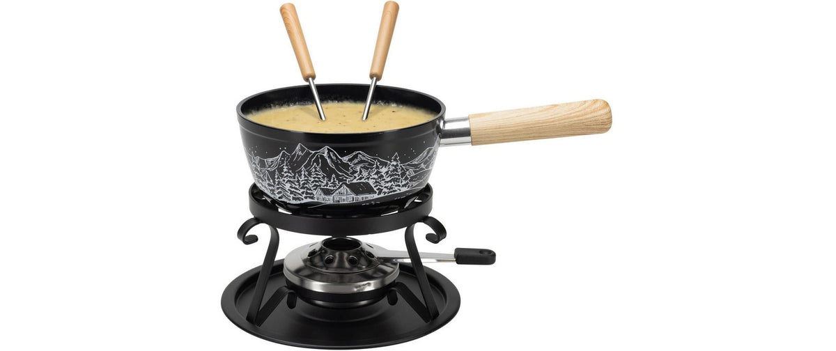Nouvel Fondue-Set Winterdorf – Aluminiumguss, Ø 16 cm, 2 Personen, Pastenbrenner – Schwarz/Silber/Weiss
