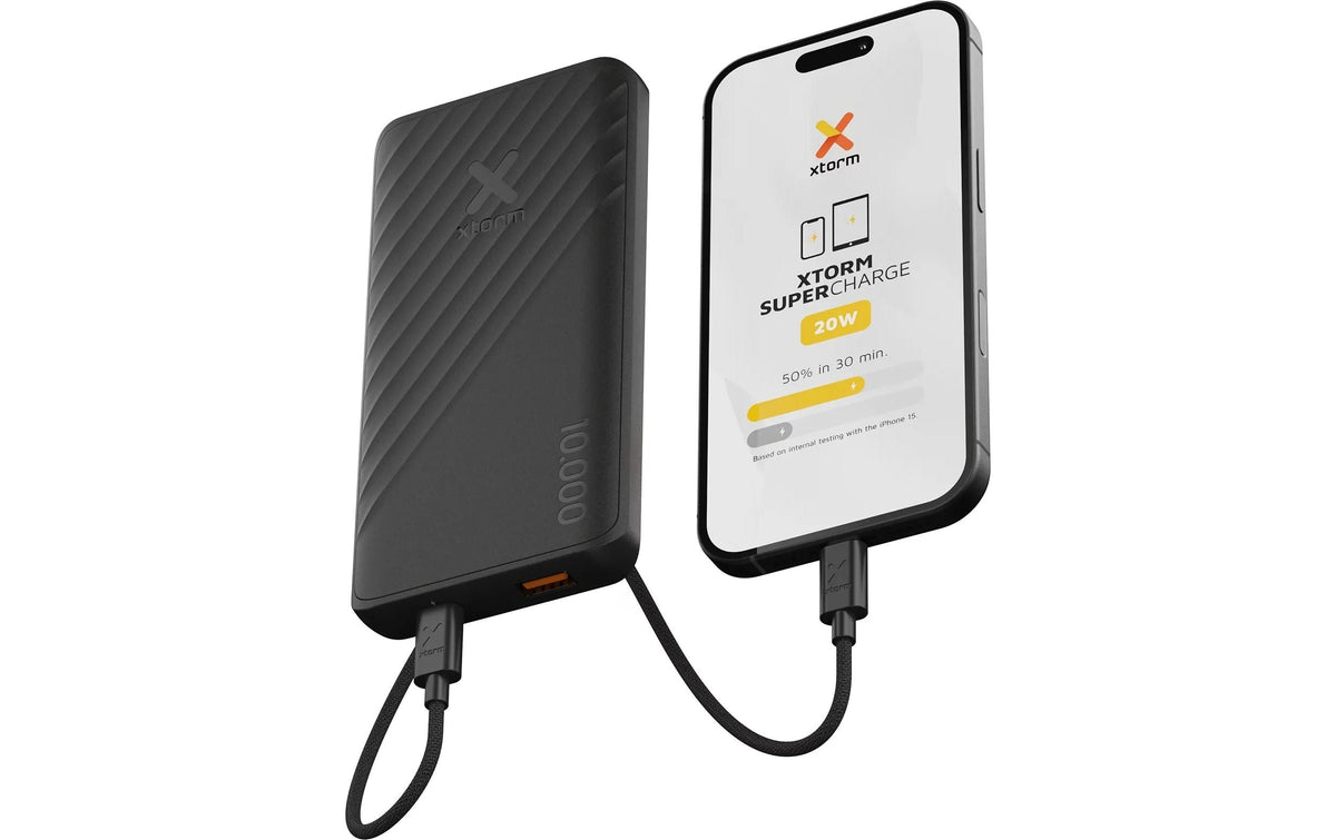 Xtorm Go2 Powerbank 10'000 mAh – 20 W PD, 1× USB-C, 1× USB-A, schwarz, für Samsung, iPhone