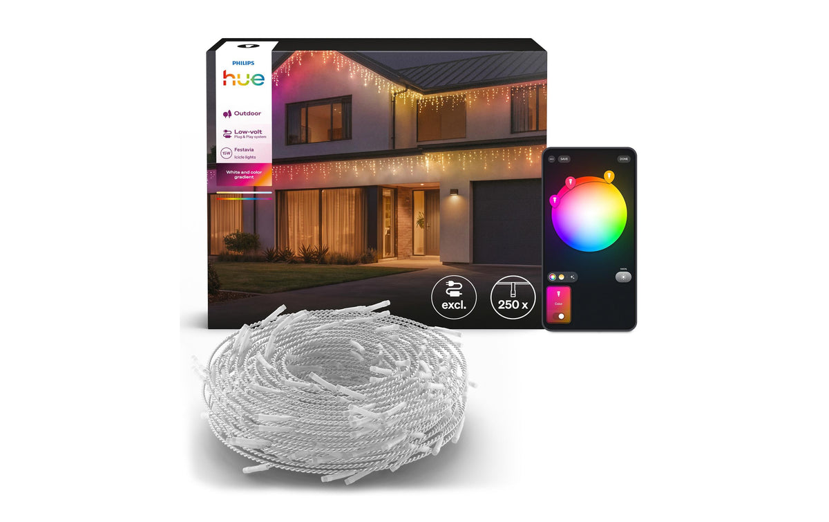 Philips by Signify Philips Hue Festavia Icicles Lichterkette – 13,35 m, 250 LEDs, dimmbar, IP54 – Transparent