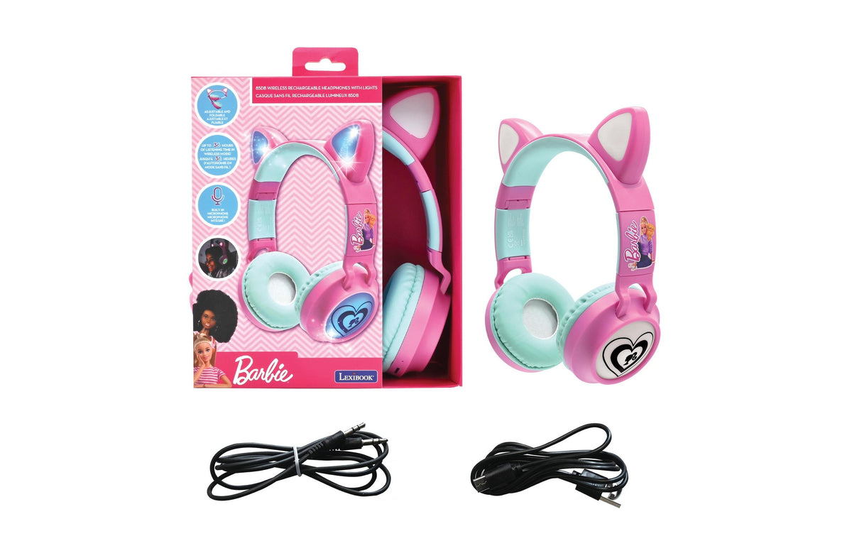 Lexibook Barbie Katzenohren Kinderkopfhörer – BT, 3,5 mm Klinke, MicroSD, mit Lichtern, Mehrfarbig