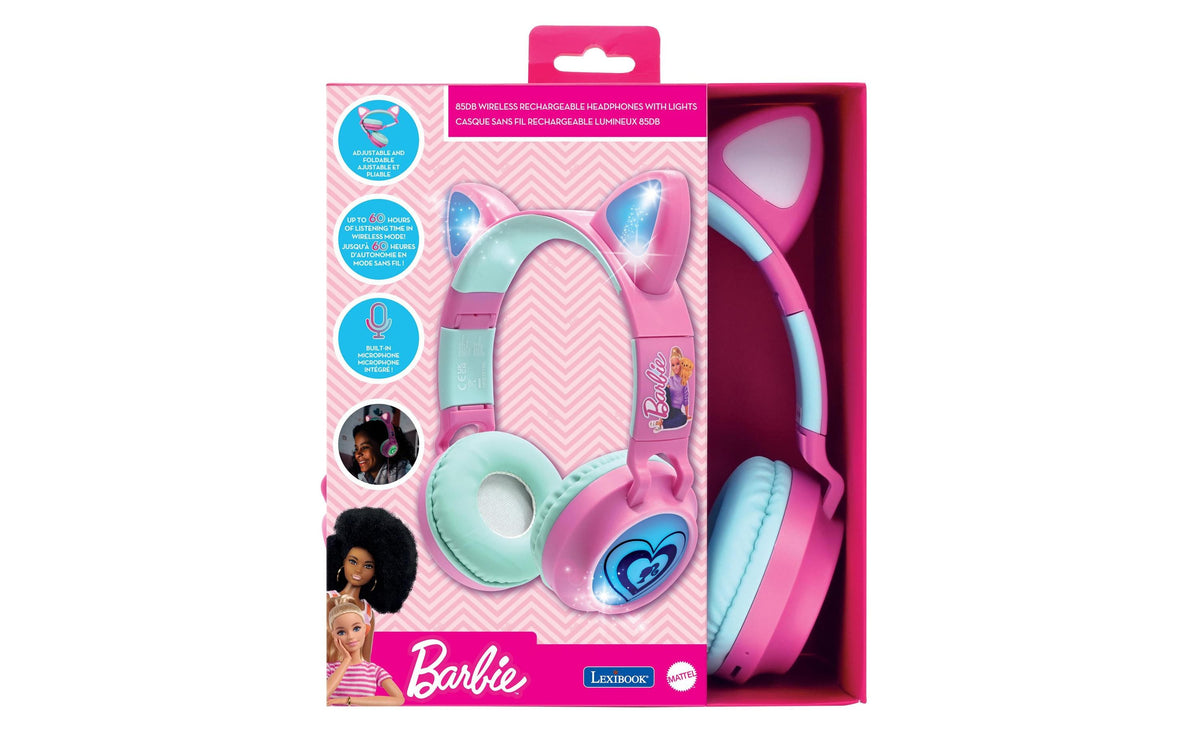 Lexibook Barbie Katzenohren Kinderkopfhörer – BT, 3,5 mm Klinke, MicroSD, mit Lichtern, Mehrfarbig