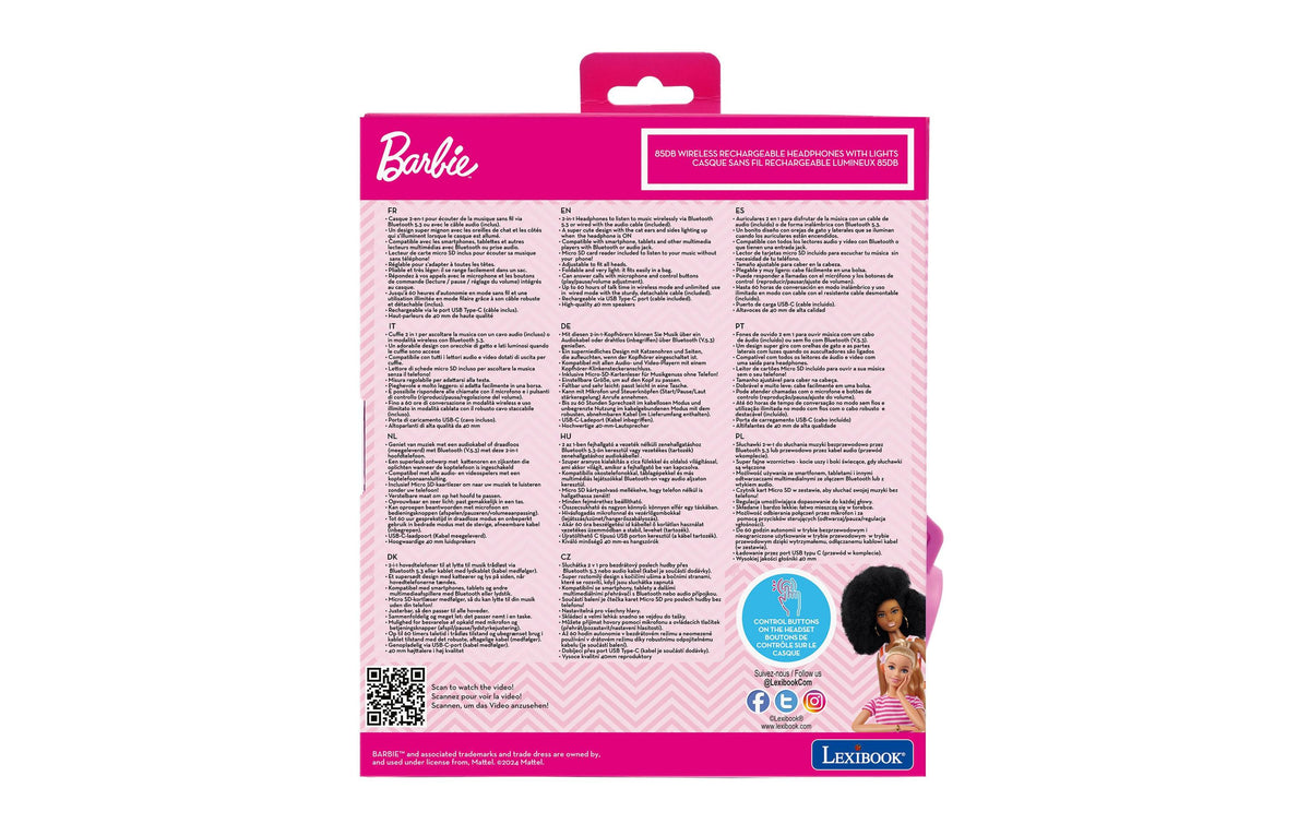 Lexibook Barbie Katzenohren Kinderkopfhörer – BT, 3,5 mm Klinke, MicroSD, mit Lichtern, Mehrfarbig