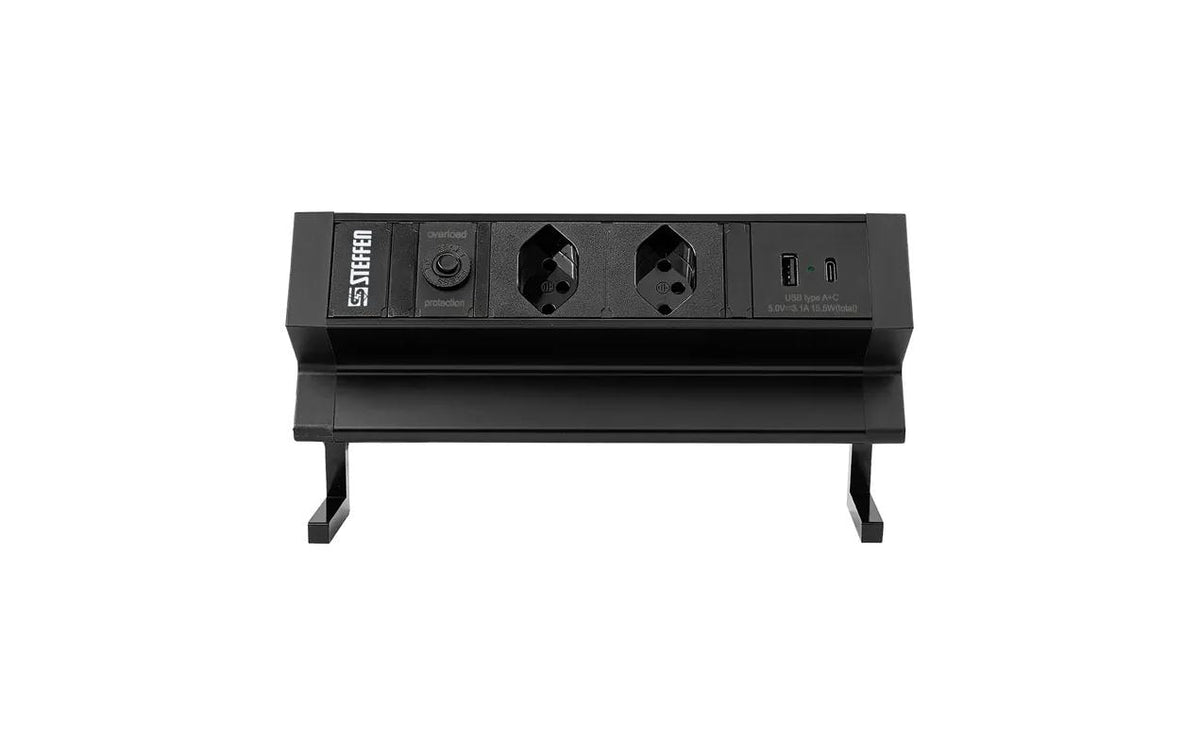 Steffen ALU DESK – Tischsteckdosenleiste, 2× T13, 1× USB-A, 1× USB-C, ohne Schalter, 1,5 m, Stecker T12