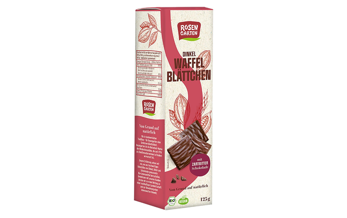 Rosengarten Dinkel-Waffelblättchen Zartbitter, bio, vegan – 125 g