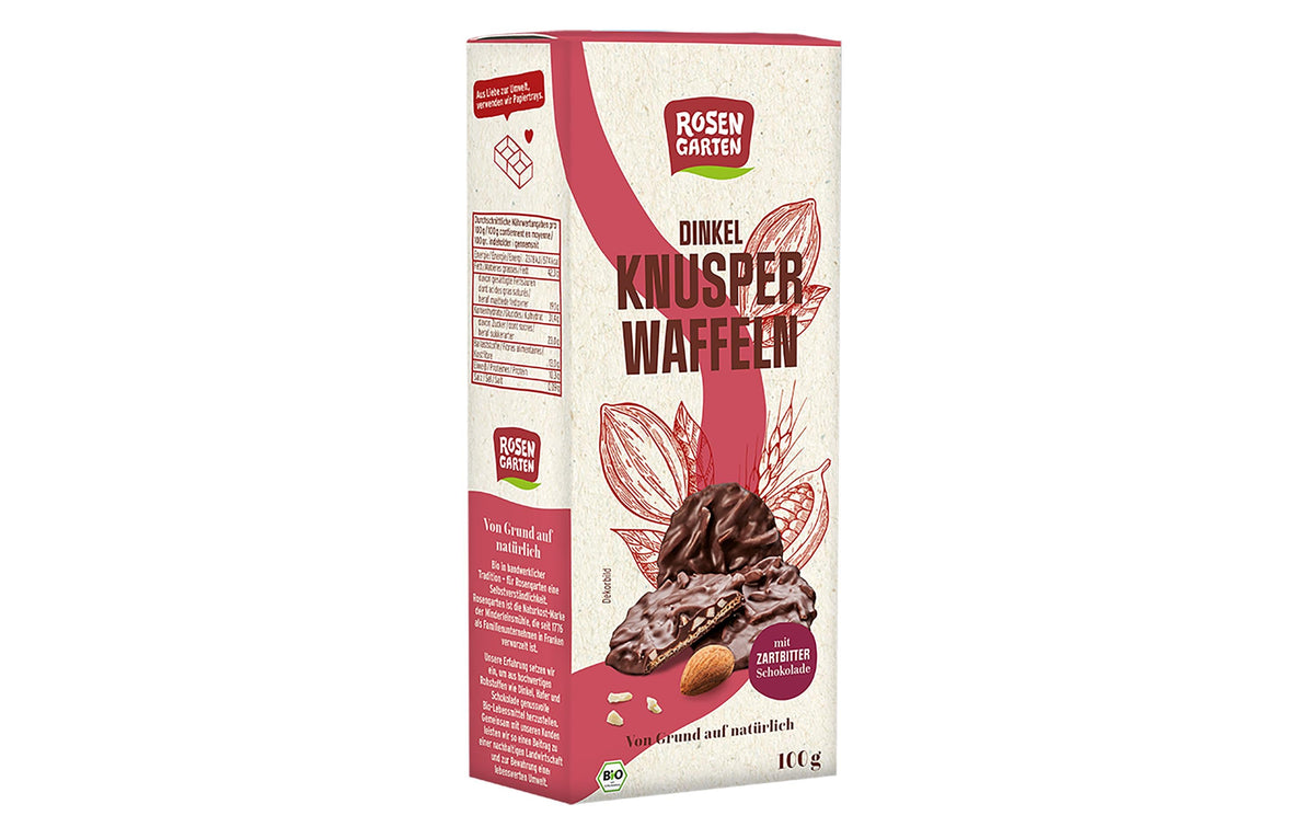 Rosengarten Dinkel-Knusperwaffeln – Zartbitter, bio – 100 g