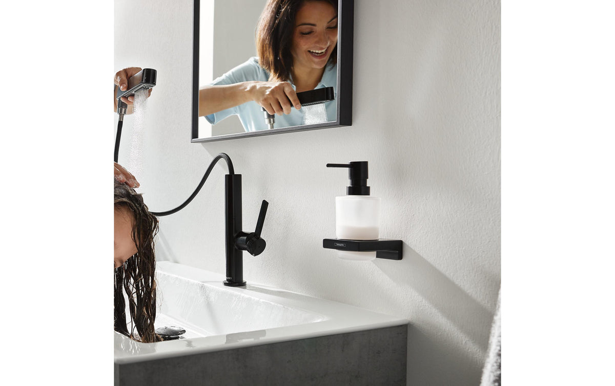Hansgrohe AddStoris Q Manueller Seifenspender – Wandmontage – 200 ml, Schwarz, Glas/Metall