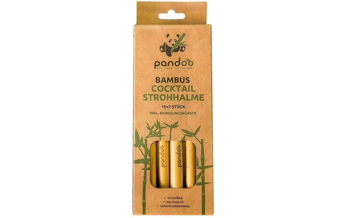 Pandoo Cocktail-Trinkhalme, 12 Stk., Ø 1,1 × 14 cm, Bambus, beige, mit Reinigungsbürste