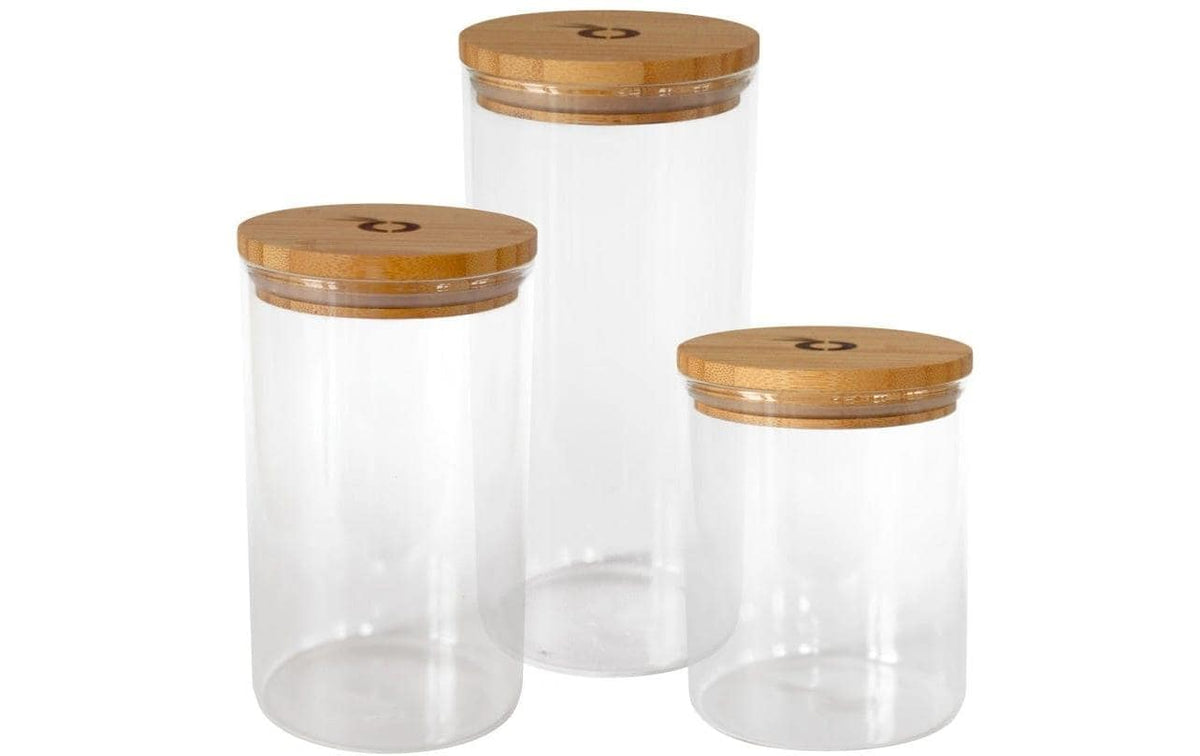 Pandoo Vorratsdose 1,3 l, Ø 9,5 × 20 cm, Glas (Borosilikat)/Bambus/Silikon, Transparent