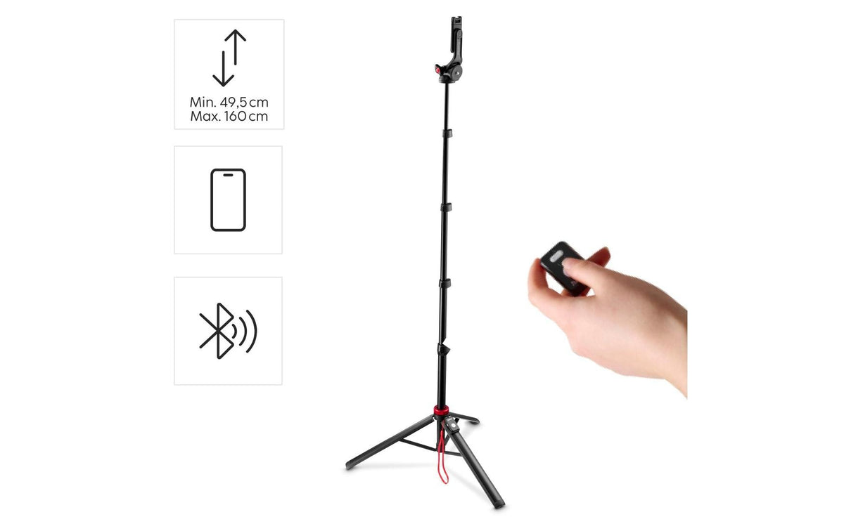 Hama Solid 160 2D Stativ – bis 160 cm, 2 kg Traglast – Schwarz – Bluetooth 5.3 – 1/4" Gewinde