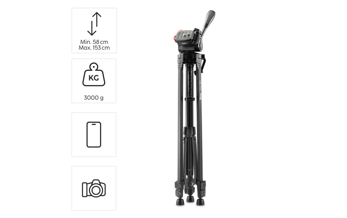 Hama Star 153 3D Dreibeinstativ – bis 153 cm, 3 kg – 1/4" Gewinde – Smartphone-Haltebreite 5,8–8,3 cm – Schwarz