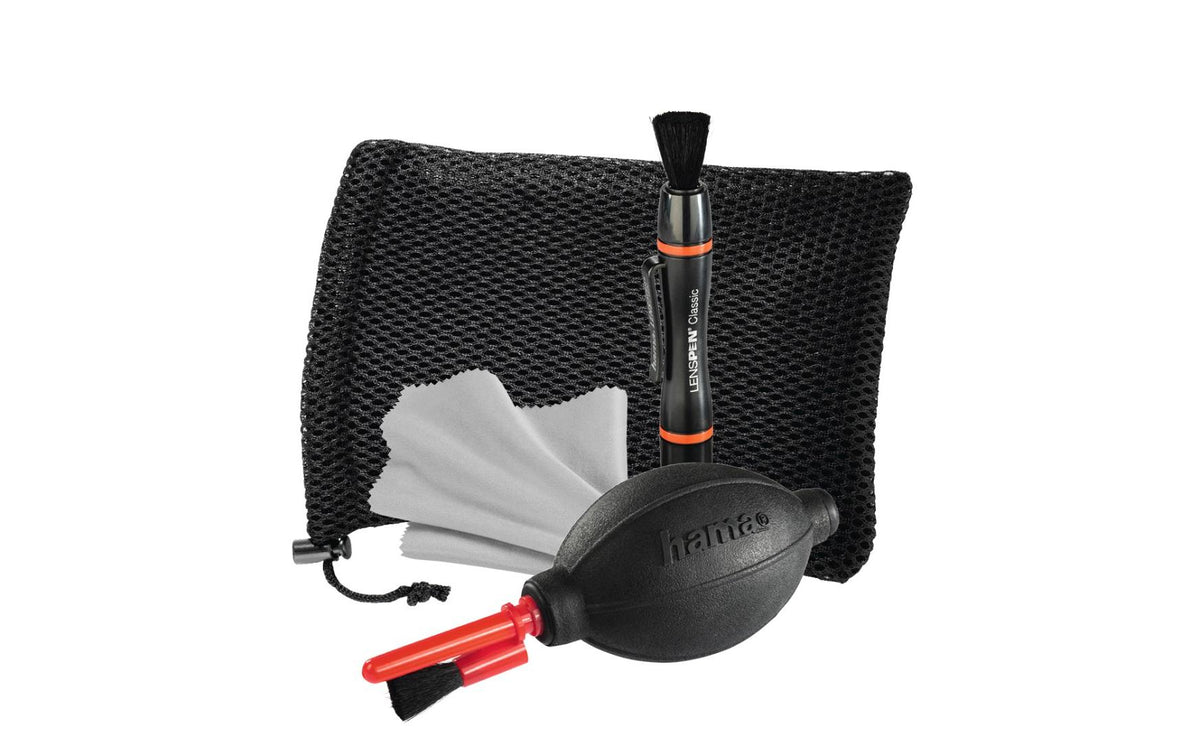 Hama Optic Dry Reinigungsset – Blasepinsel, Lenspen, Reinigungstuch – für Digitalkamera – 4er-Pack