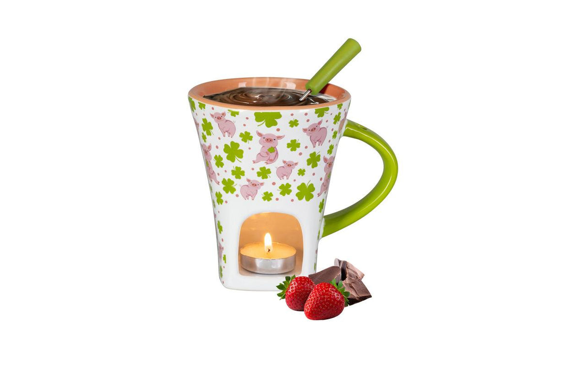 Nouvel Fondue-Set – Steingut, für Schokoladenfondue, Teelichter, Pink/Weiss, 1 Person, 3 Teile