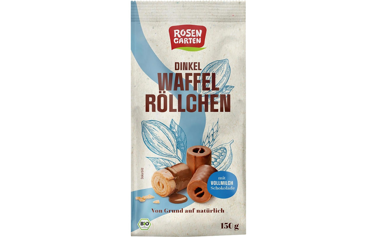Rosengarten Dinkel-Waffelröllchen – Vollmilchschokolade, Bio – 150 g