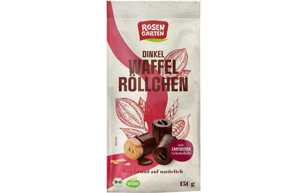 Rosengarten Dinkel-Waffelröllchen Zartbitter, bio, vegan – 150 g