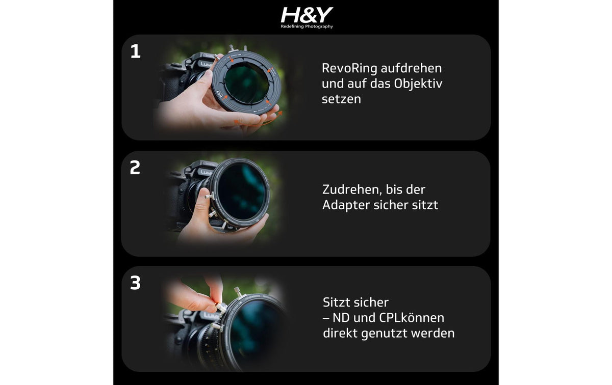 H&Y RevoRing Mark II Filteradapter – 77 mm Filterdurchmesser, ND3–1000, CPL – für Objektivgewinde 58–77 mm