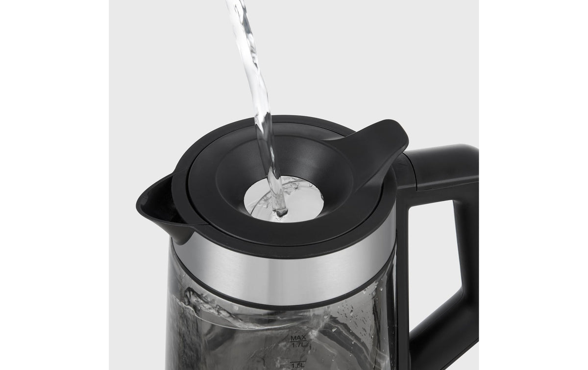 Trisa Electronics Trisa Wasserkocher W71 Plus – 1,7 l, Glas, Temperaturwahl, 2200 W, Silber, 360° Sockel