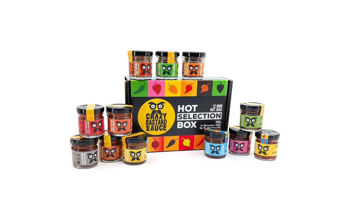 Crazy Bastard Sauce Chilisauce Selection-Box, vegan, glutenfrei – 12×30 ml