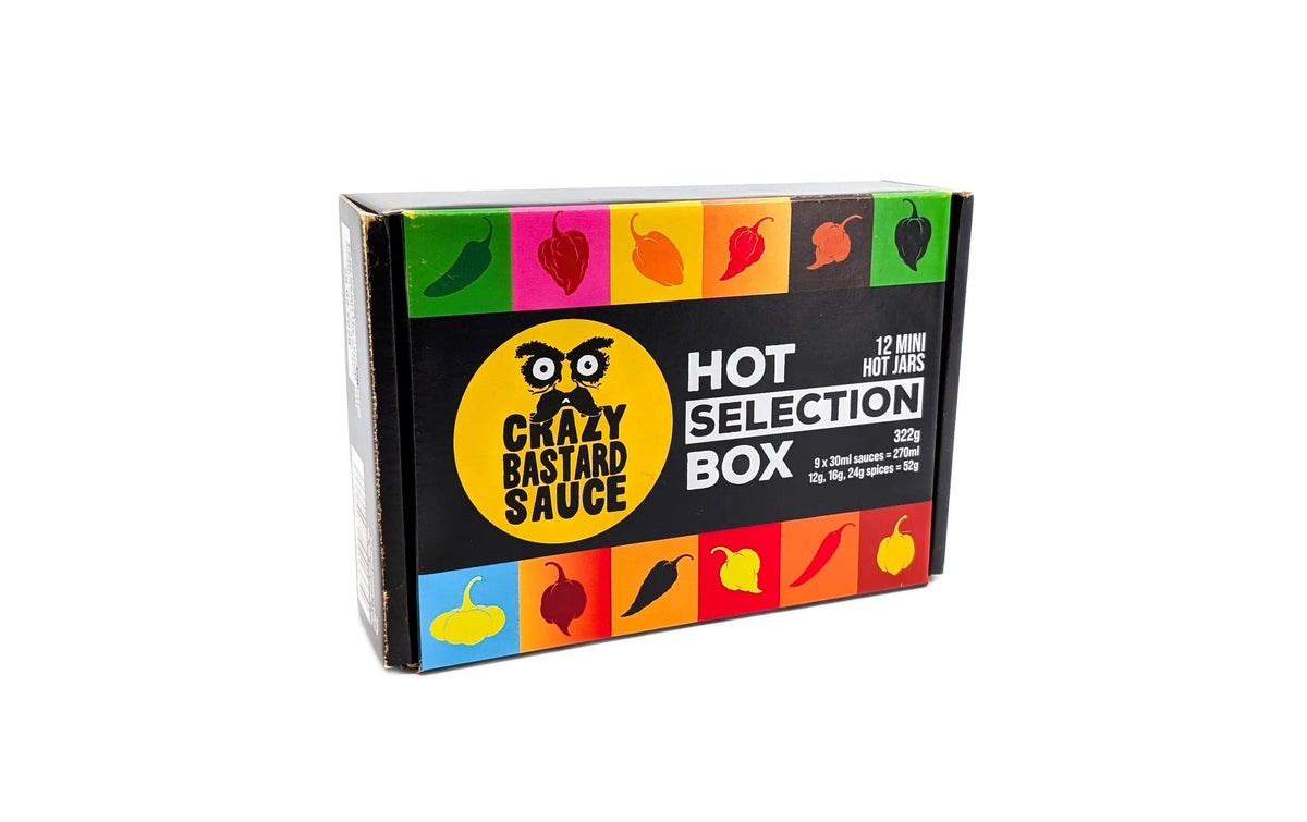 Crazy Bastard Sauce Chilisauce Selection-Box, vegan, glutenfrei – 12×30 ml