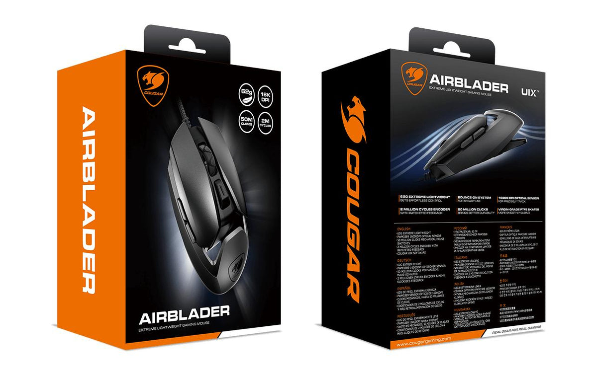 COUGAR Gaming COUGAR AIRBLADER – Gaming-Maus – Kabelgebunden (USB‑A), 16000 DPI, Beidhändig, Schwarz