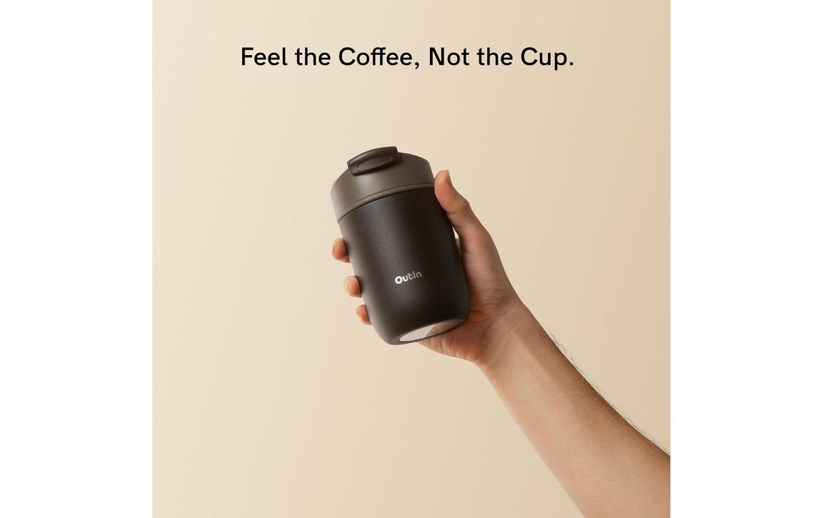Outin Travel Tumbler Thermobecher 350 ml – doppelwandig 6 h heiss/12 h kalt, Edelstahl, Dunkelbraun