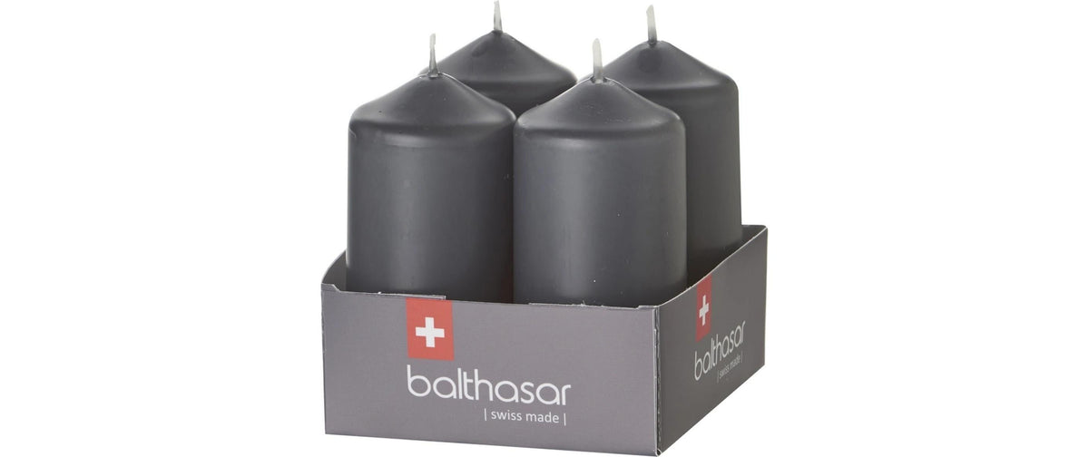 Balthasar Zylinderkerze – Ø 4 × 8 cm – Paraffin, Grau – 4er Set – 12 h