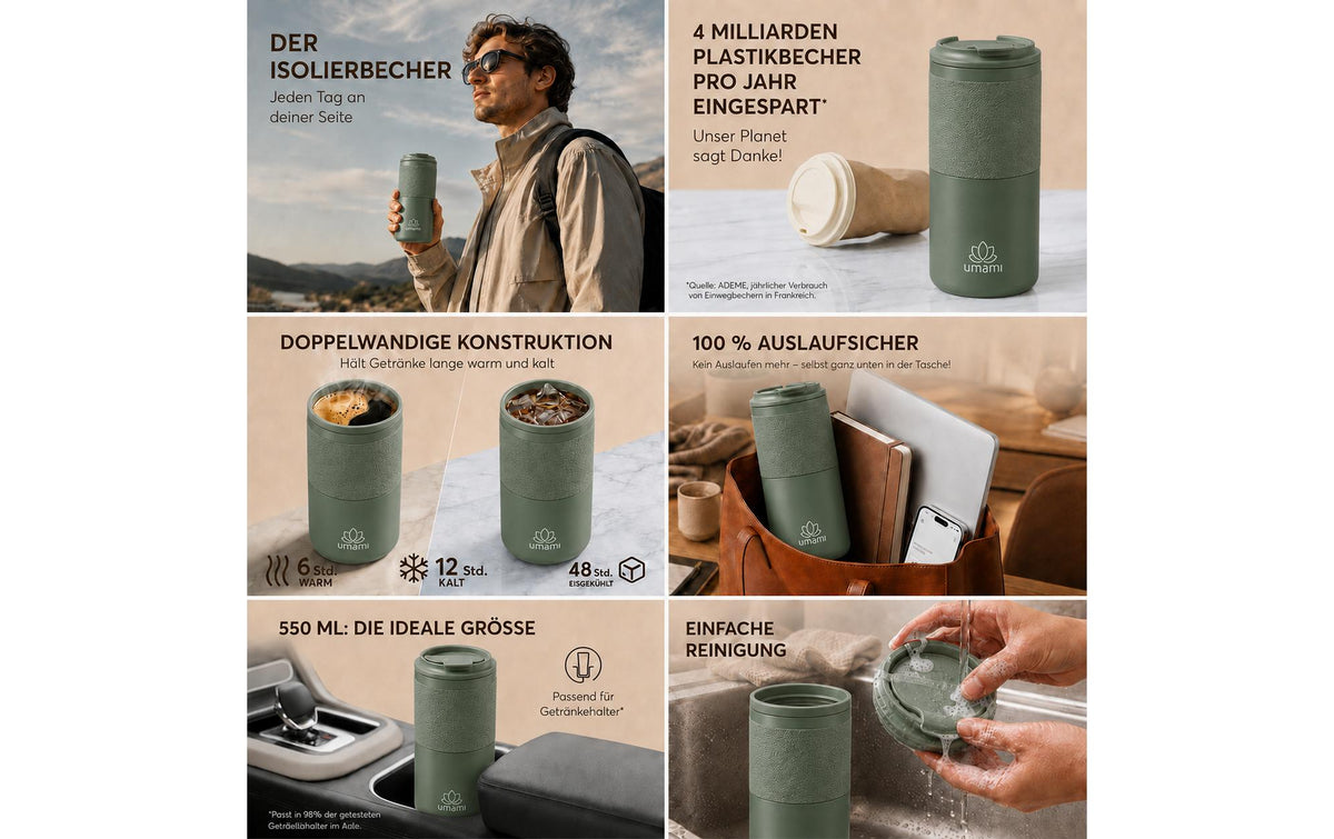 Umami Thermobecher – 550 ml, Ø 7,5 cm, H 17,5 cm, Edelstahl, Grün, mit Deckel, doppelwandig, auslaufsicher
