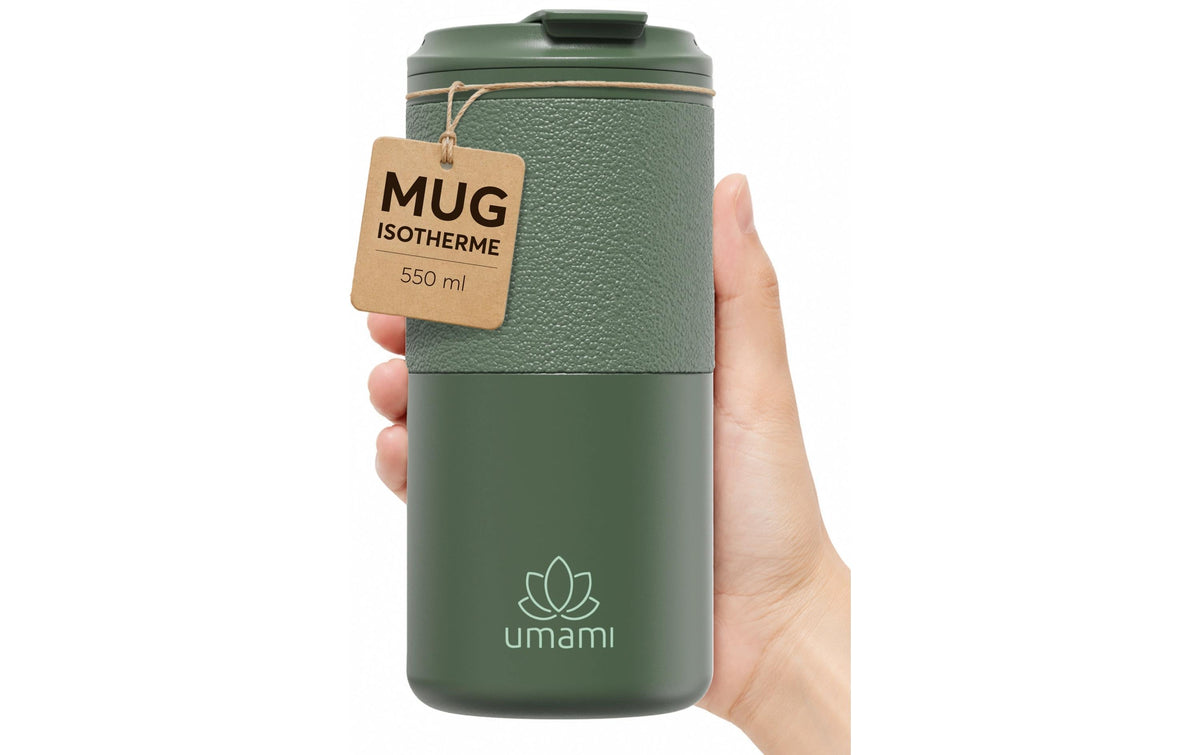 Umami Thermobecher – 550 ml, Ø 7,5 cm, H 17,5 cm, Edelstahl, Grün, mit Deckel, doppelwandig, auslaufsicher