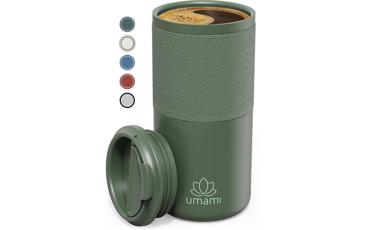 Umami Thermobecher – 550 ml, Ø 7,5 cm, H 17,5 cm, Edelstahl, Grün, mit Deckel, doppelwandig, auslaufsicher