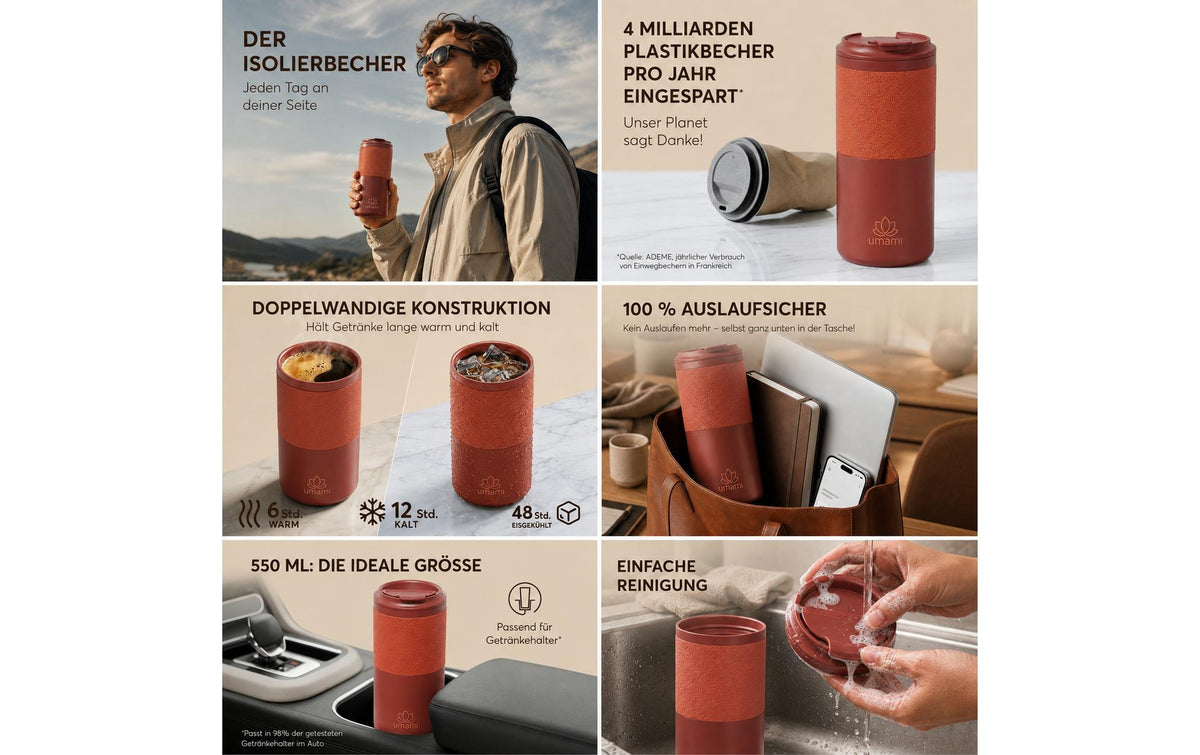 Umami Thermobecher 550 ml – doppelwandig, Edelstahl, Rot