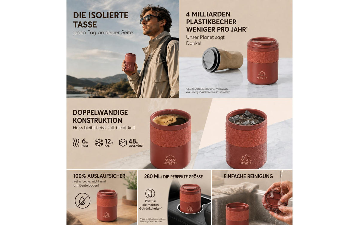 Umami Thermobecher 280 ml – doppelwandig, Edelstahl, Rot