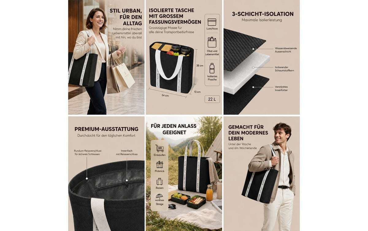 Umami Kühltasche – mit Innentasche – 22 l, 13 × 54 × 38 cm, Schwarz, Schaumstoff/Textil