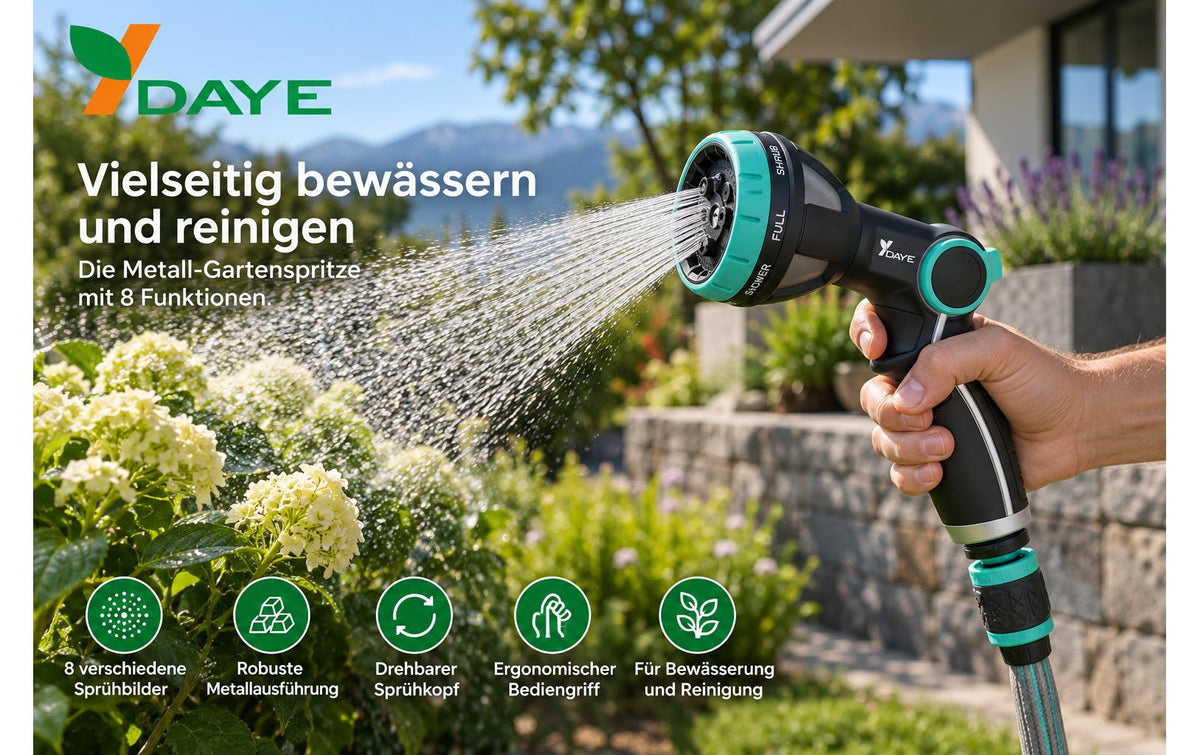Daye Reinigungsgeräte-Zubehör Metall-Gartenspritze 8 Funktionen – Metall, 13,0 × 22,5 × 6,5 cm