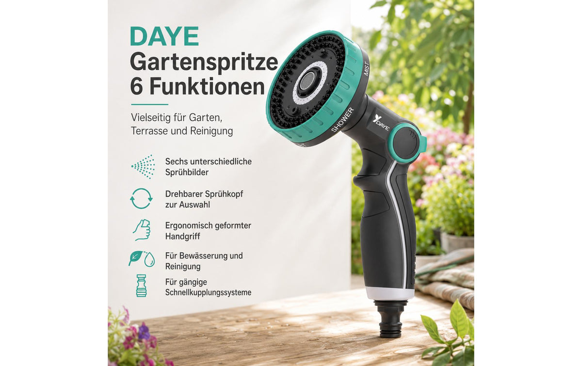 Daye Gartenspritze – 6 Funktionen, 250 × 130 × 90 mm