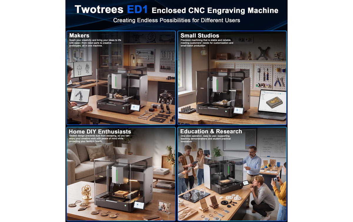 Twotrees Fräsmaschine ED1 – 600 W, 18000 U/min, Hubhöhe 12 cm, 63 × 51 × 55,7 cm, 38 kg