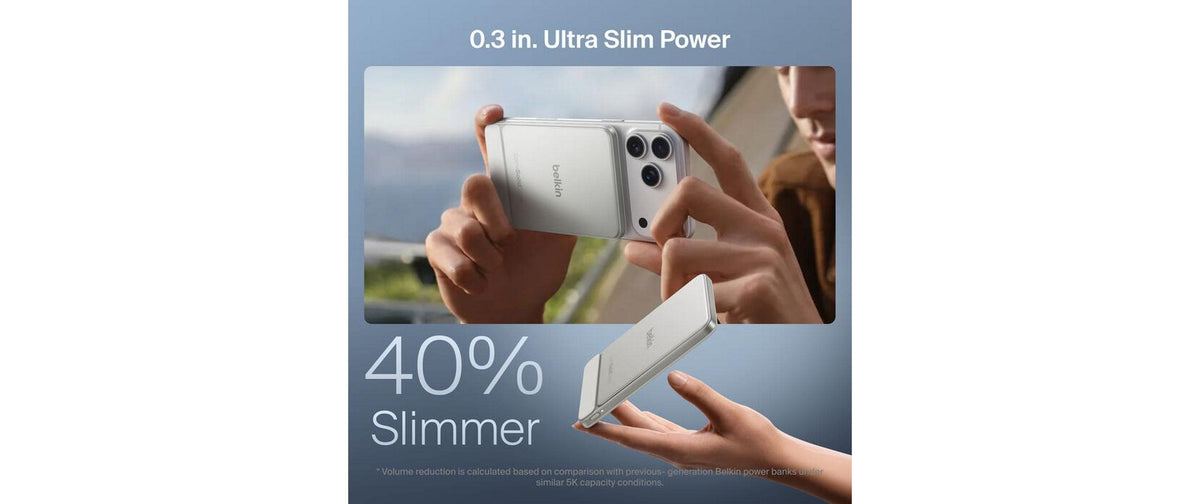Belkin UltraCharge Pro Slim Wireless Powerbank 5'000 mAh – 20 W PD, Wireless 15 W, 1× USB-C, beige