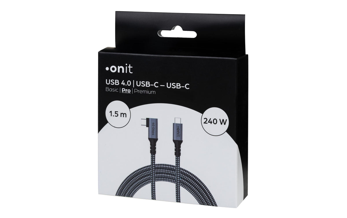 Onit USB-C auf USB-C Kabel – USB4 40 Gbit/s – 1,5 m – PD 240 W – Abgewinkelt, Textilmantel – Schwarz/Grau