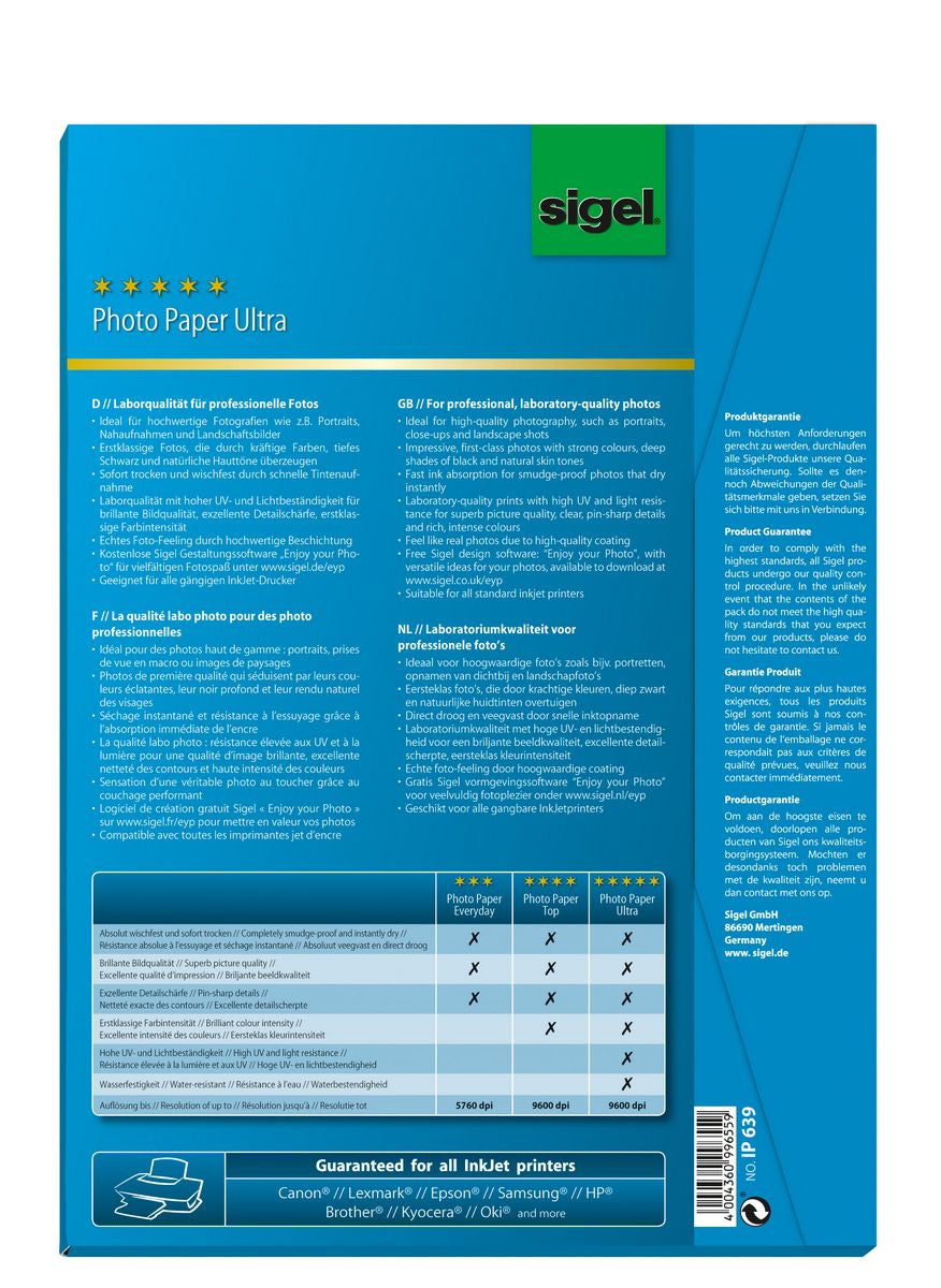 Sigel IP639 Fotopapier – hochglänzend, A4, 190 g/m², 50 Blatt – für Inkjet-Drucker