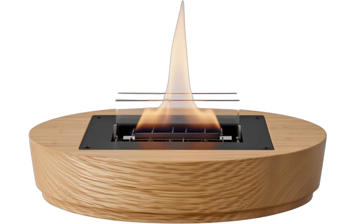 Tenderflame Tischkamin – Ø 33 × 7 cm – Holz & Stahl, natur