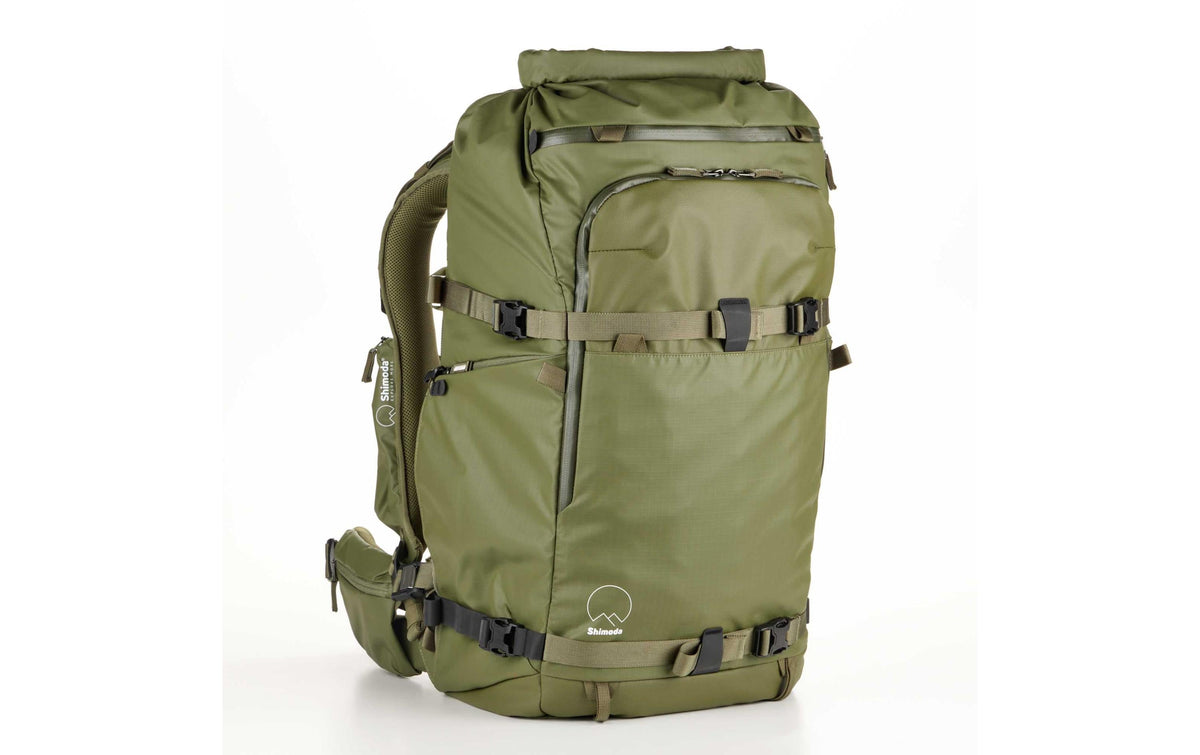 Shimoda Action X70 HD Starter Kit Kamerarucksack – 77 l, Nylon, herausnehmbares Kamerafach, Regenhülle – Grün