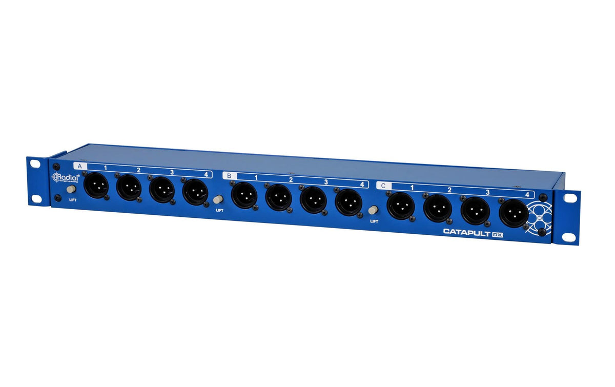 Radial Engineering Catapult Rack RX – Passives Audio-Patch-Rack – für Cat5/6 – 3 Eingänge, 12 Ausgänge – 19"