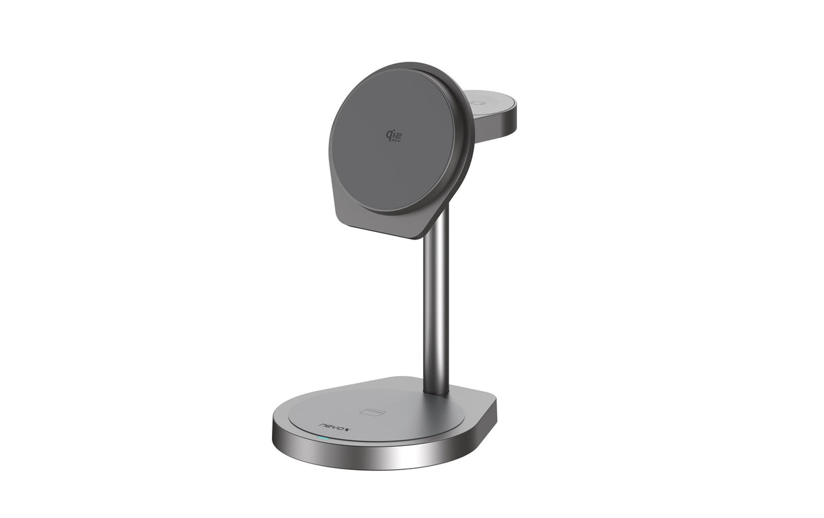 Nevox 3-in-1 Ladeständer – Qi2 – für iPhone/Apple Watch/AirPods – Grau