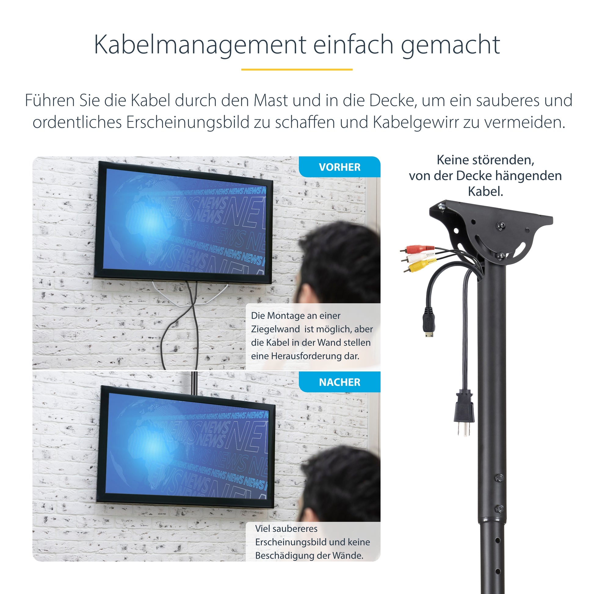 StarTech.com Deckenhalterung – 37–75" – VESA 200×200–600×400 – bis 50 kg, Teleskopmast – Schwarz