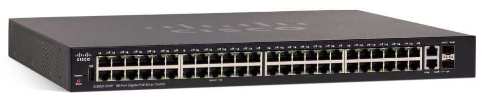 Cisco SG250-50P Switch – Managed, 1× USB-A, PoE 375 W, 48× GbE, 2× SFP